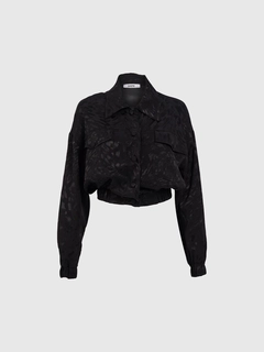 A wholesale clothing model wears jst10208-patterned-black-satin-bomber-jacket, Turkish wholesale Jacket of Juste