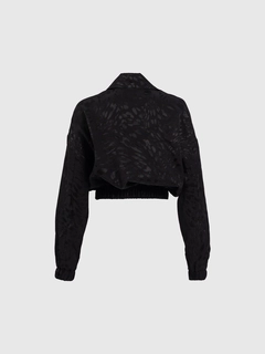 A wholesale clothing model wears jst10208-patterned-black-satin-bomber-jacket, Turkish wholesale Jacket of Juste