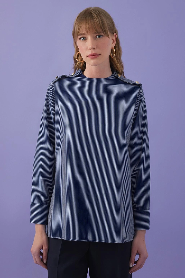 A wholesale clothing model wears kdb10775-shoulder-gold-detailed-striped-shirt-navy-blue, Turkish wholesale Shirt of Kadriye Baştürk