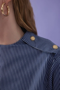 A wholesale clothing model wears kdb10775-shoulder-gold-detailed-striped-shirt-navy-blue, Turkish wholesale Shirt of Kadriye Baştürk