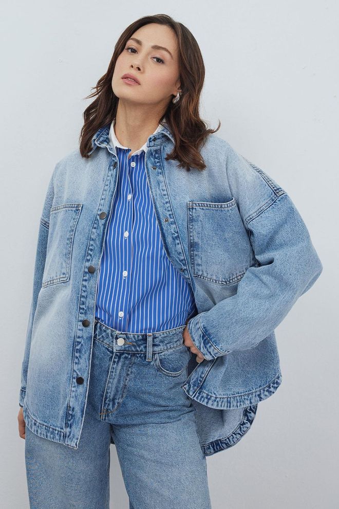Kadriye Baştürk Cepli Denim Ceket Açık Mavi Toptan Giyim Tesettür
