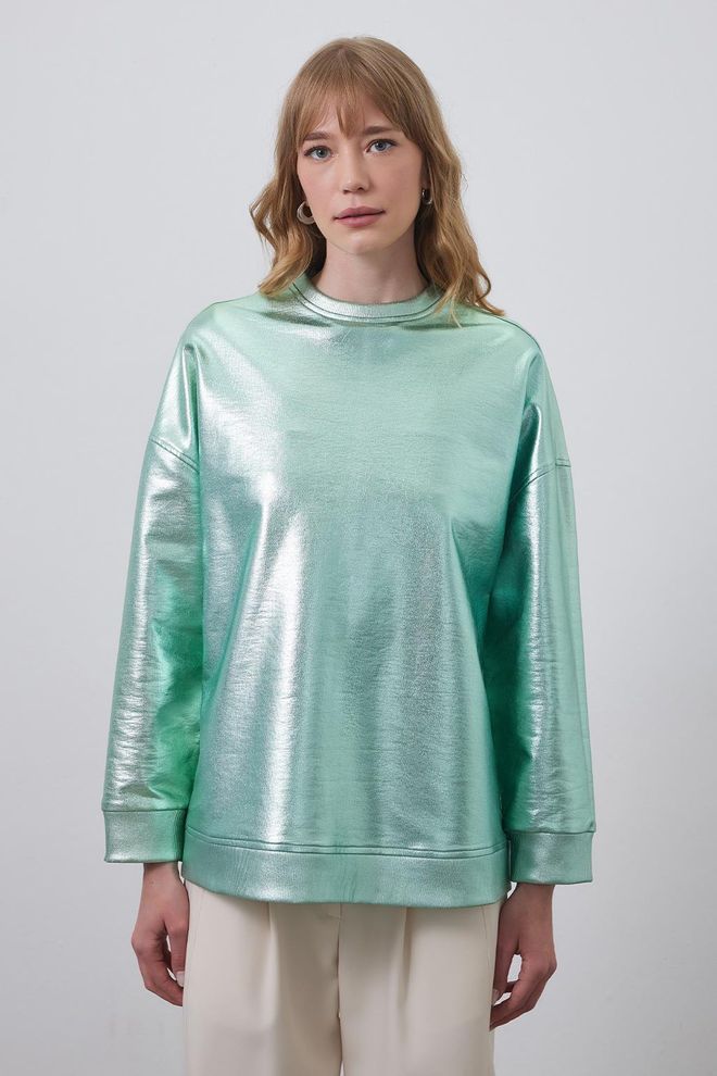 Kadriye Baştürk Hologramlı Fitilli Sweatshirt Yeşil Toptan Giyim Resmi