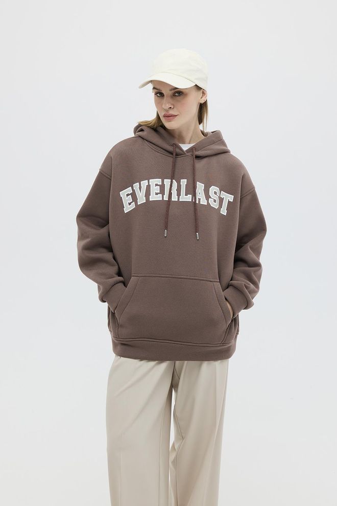 Kadriye Baştürk Printed Oversized Hooded Sweatshirt Brown Wholesale Clothing Casual