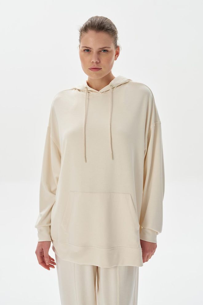 Kadriye Baştürk Modal Knit Hooded Oversized Sweatshirt Ecru Wholesale Clothing Casual