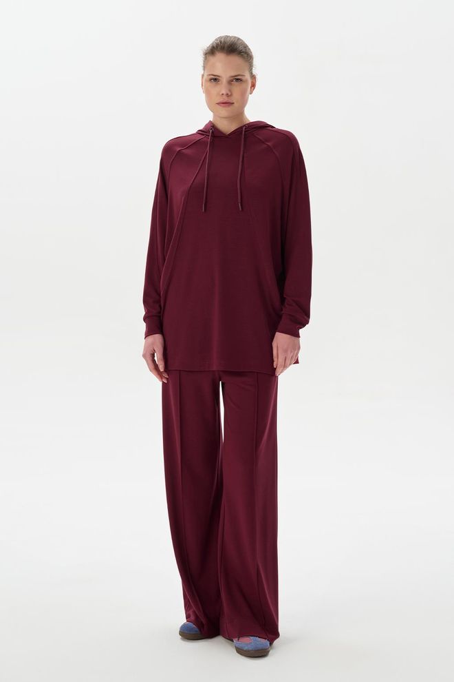 Kadriye Baştürk Modal Knit Hooded Sweatshirt Burgundy Wholesale Clothing Casual
