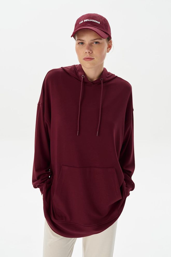 Kadriye Baştürk Modal Knit Hooded Oversized Sweatshirt Burgundy Wholesale Clothing Casual