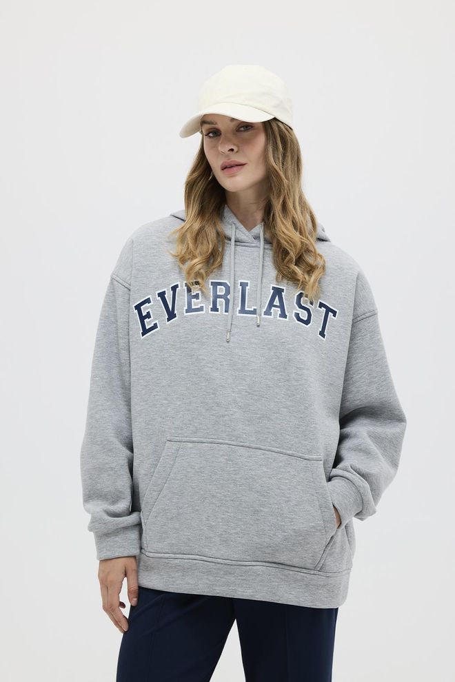 Kadriye Baştürk Printed Oversized Hooded Sweatshirt Gray Wholesale Clothing Casual