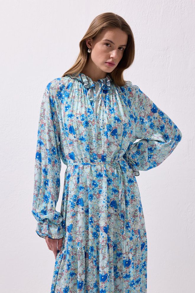 Kadriye Baştürk Diane Ruffle Viscose Maxi Dress Blue Wholesale Clothing No Fabric