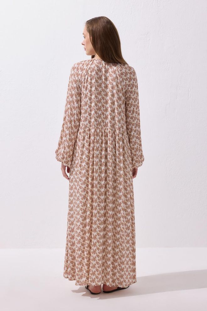 Kadriye Baştürk Fleur Tie Front Viscose Maxi Dress Brown Wholesale Clothing Ethnic