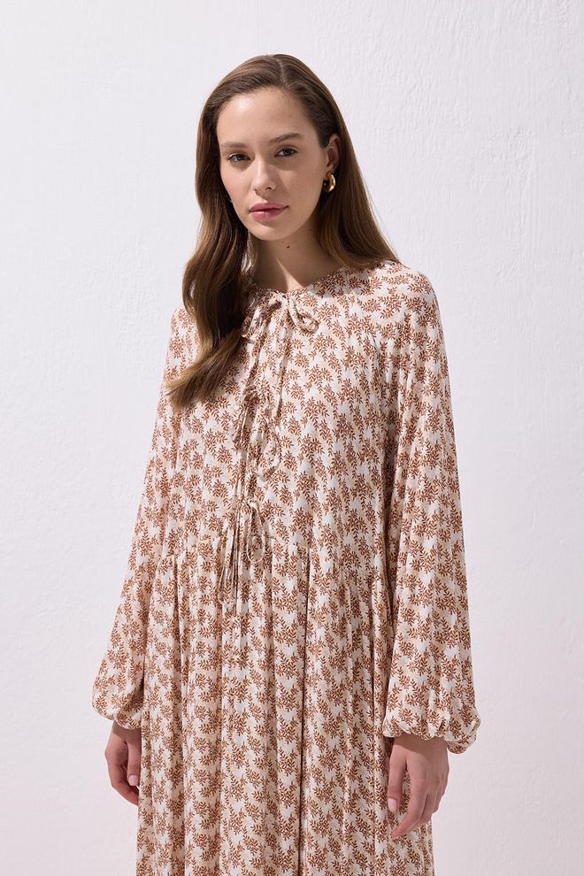 Kadriye Baştürk Fleur Tie Front Viscose Maxi Dress Brown Wholesale Clothing Viscose