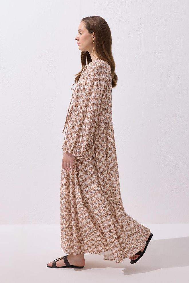 Kadriye Baştürk Fleur Tie Front Viscose Maxi Dress Brown Wholesale Clothing Spring
