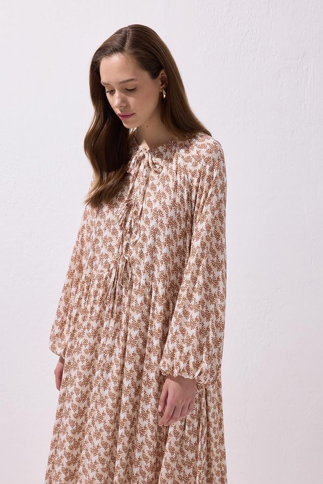 Kadriye Baştürk Fleur Tie Front Viscose Maxi Dress Brown Wholesale Clothing Birthday