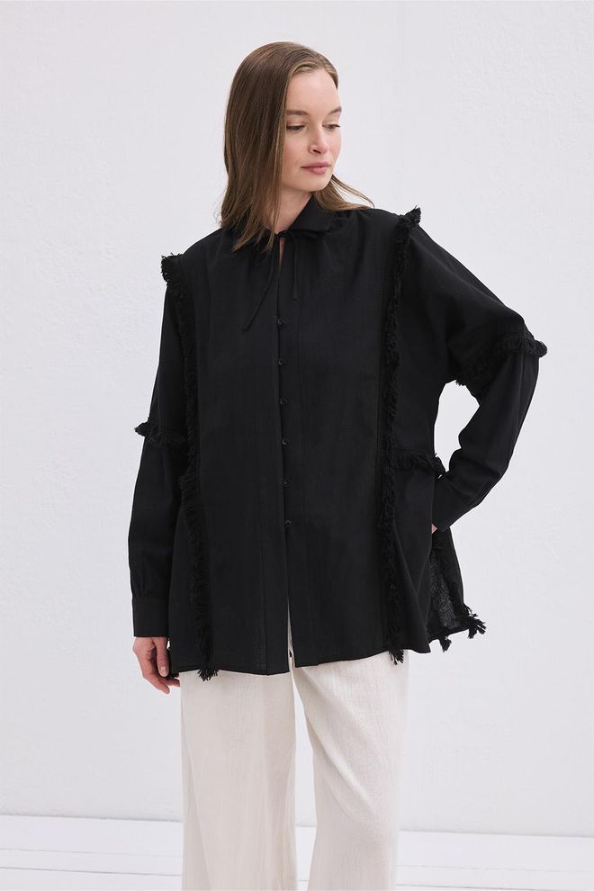 Kadriye Baştürk Chemise En Lin À Franges Doria Noire Vêtements en gros Décontracté