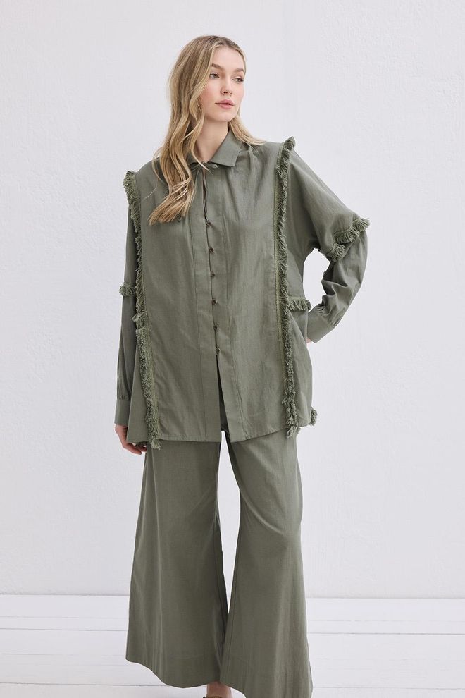 Kadriye Baştürk Doria Fringed Lininiai Marškiniai Chaki Green Didmeninė prekyba drabužiais Kokteilinė