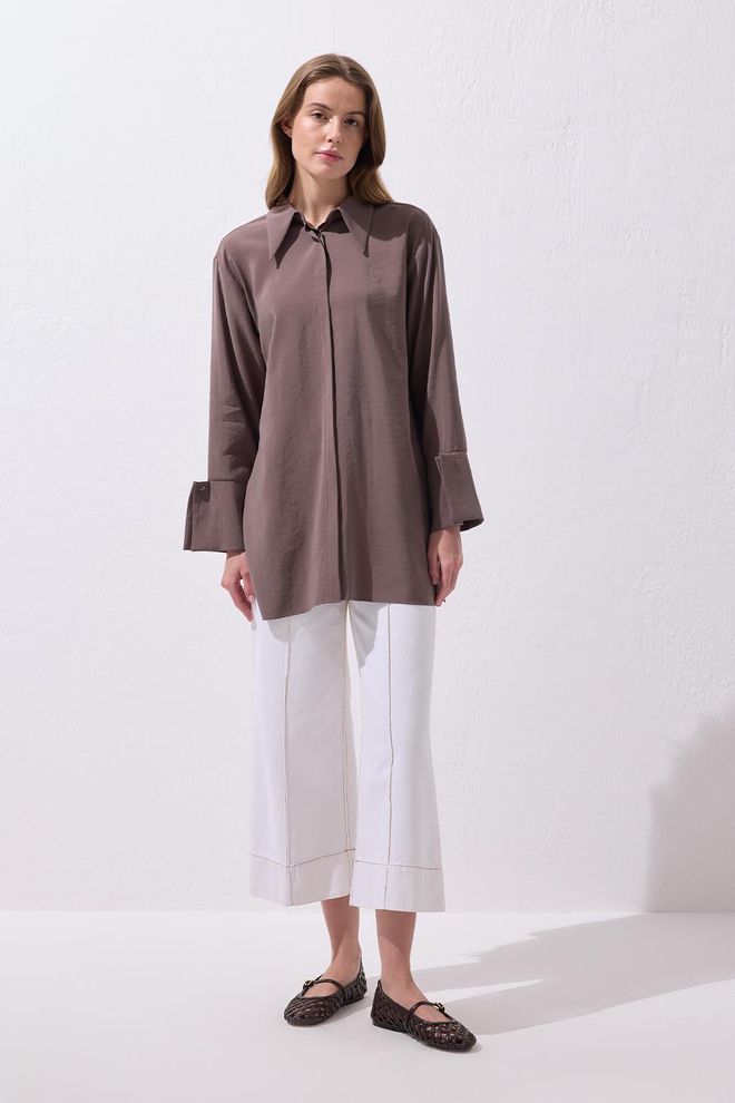 Kadriye Baştürk Chemise Basique En Modal Brun Terre Vêtements en gros Décontracté