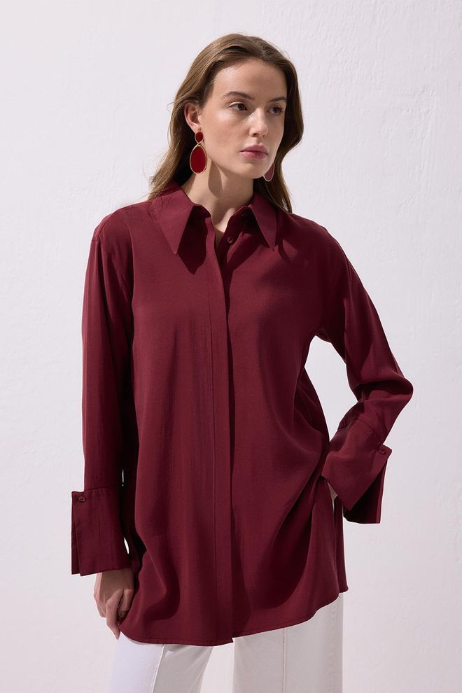 Kadriye Baştürk Chemise Basique En Modal Bordeaux Vêtements en gros Décontracté
