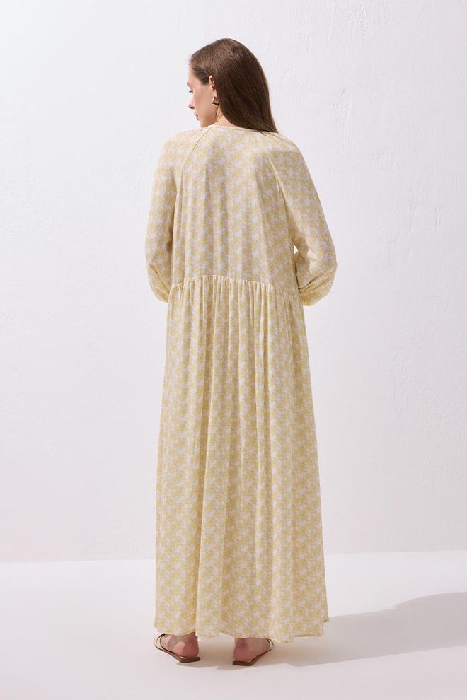 Kadriye Baştürk Fleur Tie Front Viscose Maxi Dress Yellow Wholesale Clothing Ethnic