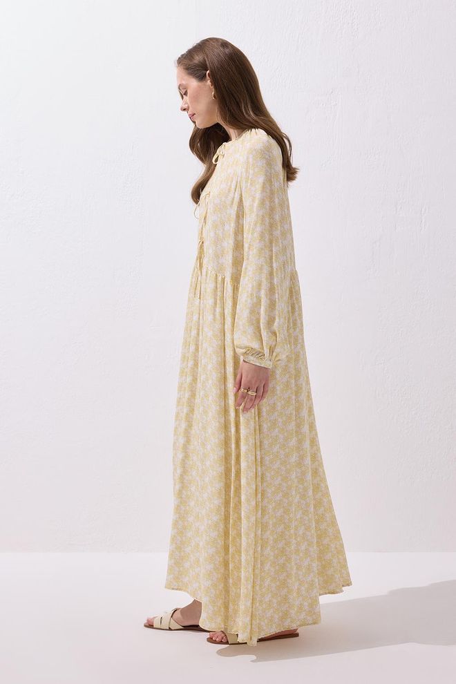 Kadriye Baştürk Fleur Tie Front Viscose Maxi Dress Yellow Wholesale Clothing Spring