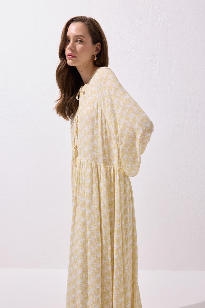 Kadriye Baştürk Fleur Tie Front Viscose Maxi Dress Yellow Wholesale Clothing Birthday