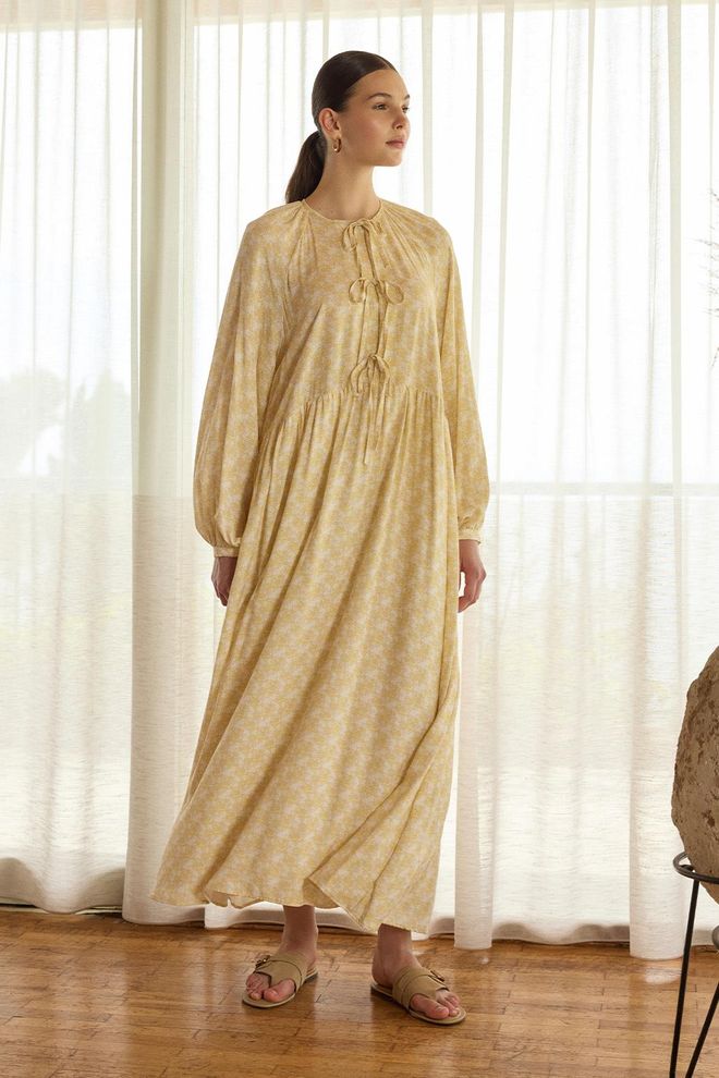 Kadriye Baştürk Fleur Tie Front Viscose Maxi Dress Yellow Wholesale Clothing 5