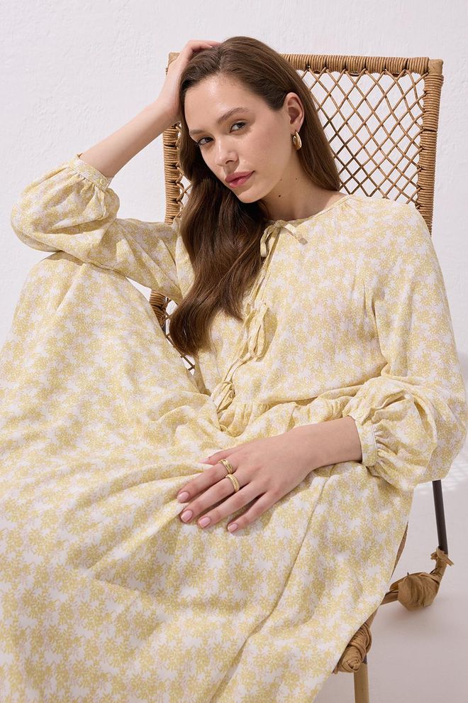 Kadriye Baştürk Fleur Tie Front Viscose Maxi Dress Yellow Wholesale Clothing Viscose