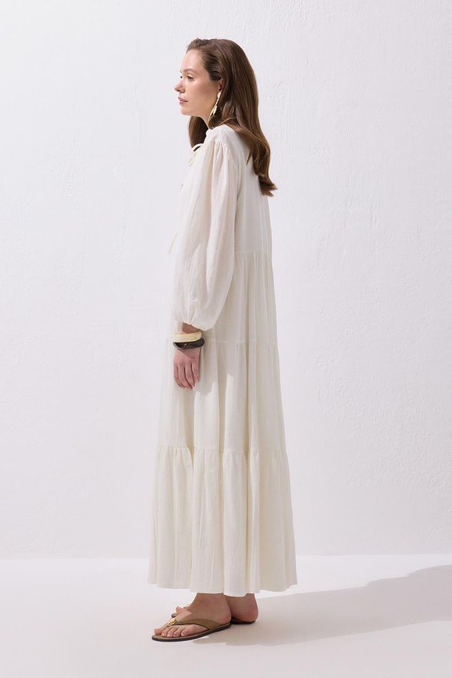 Kadriye Baştürk Joli Tie Front Long Cotton Dress Ecru Wholesale Clothing Modest