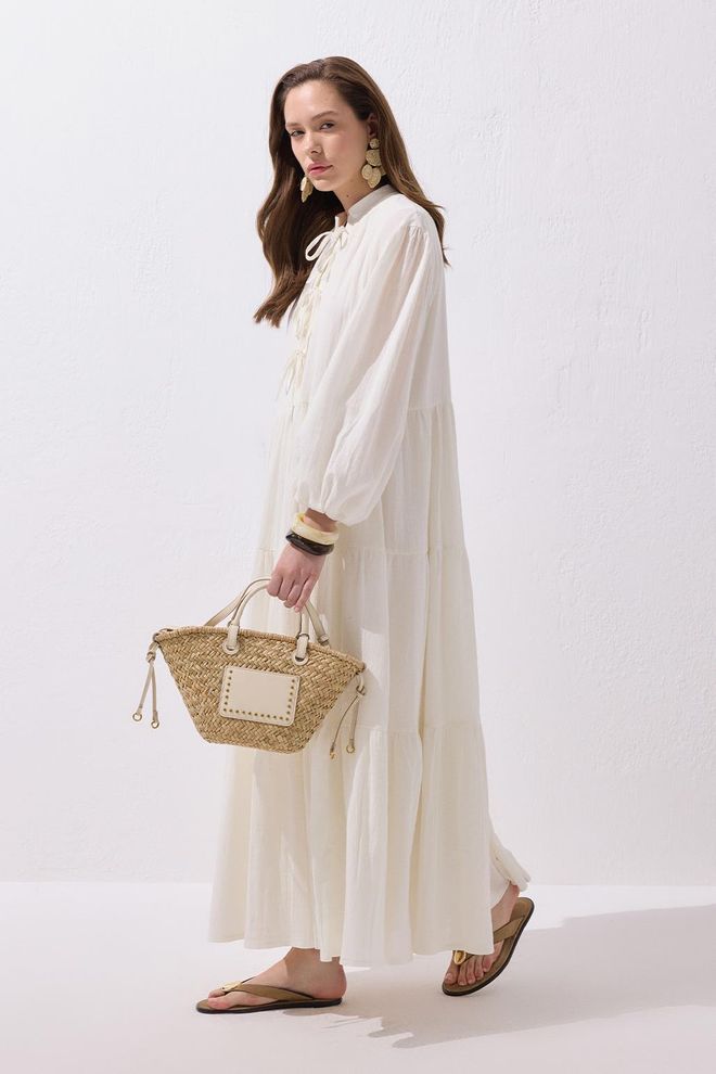 Kadriye Baştürk Joli Tie Front Long Cotton Dress Ecru Wholesale Clothing Spring