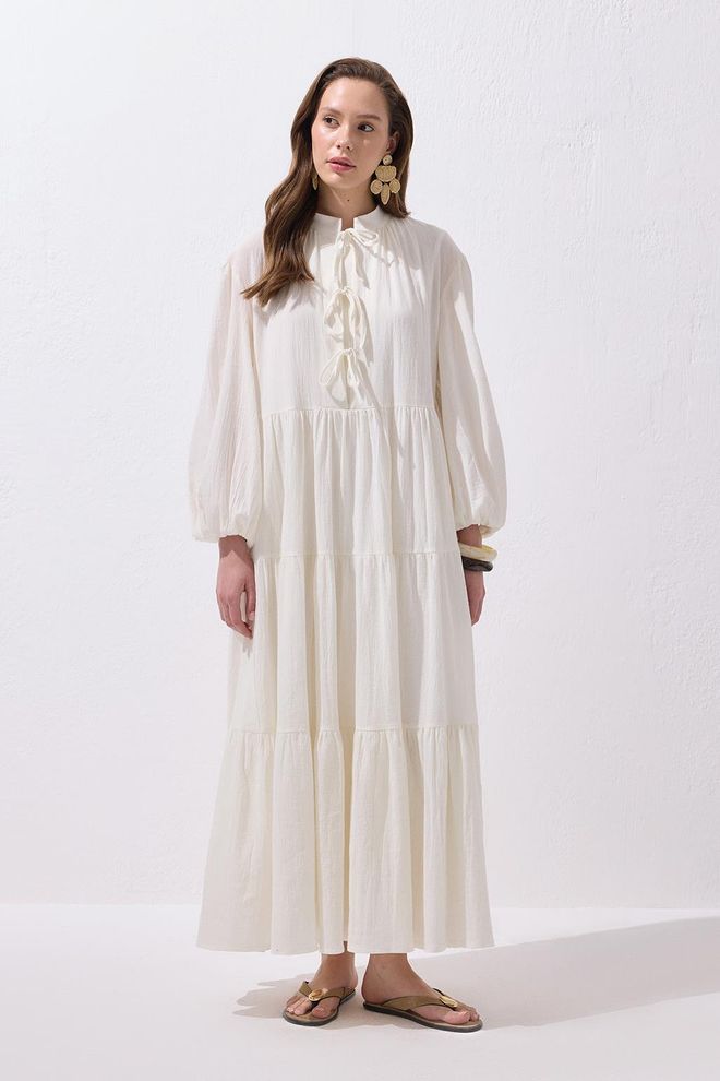 Kadriye Baştürk Joli Tie Front Long Cotton Dress Ecru Wholesale Clothing Birthday
