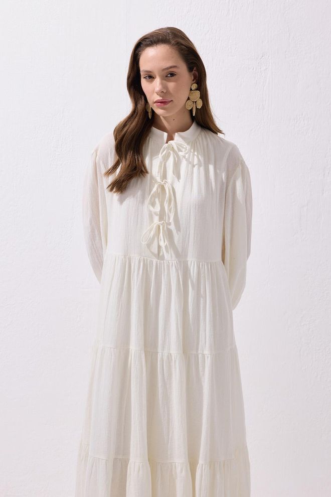 Kadriye Baştürk Joli Tie Front Long Cotton Dress Ecru Wholesale Clothing Cotton