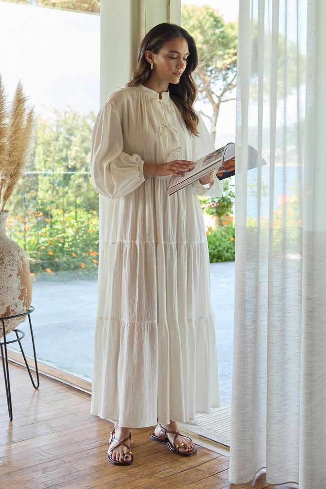Kadriye Baştürk Joli Tie Front Long Cotton Dress Ecru Wholesale Clothing 5