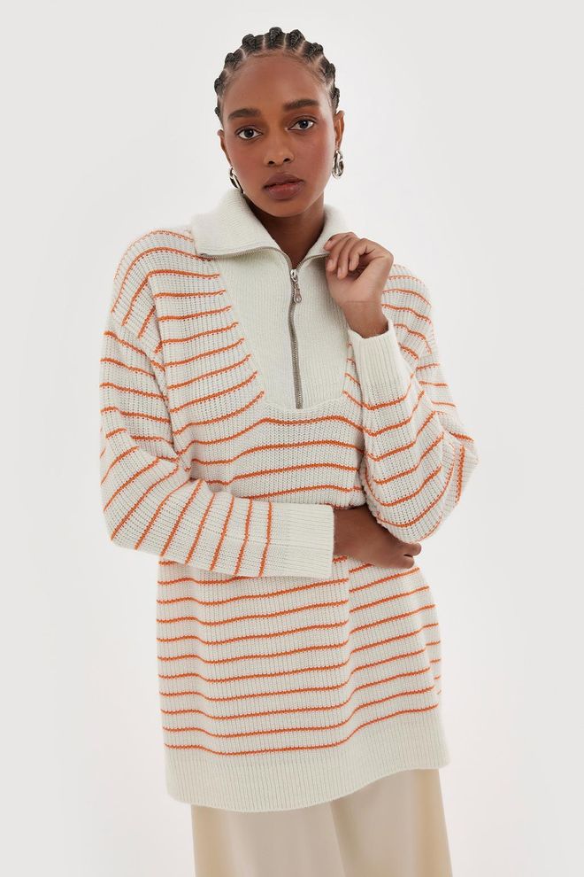 Kadriye Baştürk Wide Collar Lurex Knit Sweater Orange Wholesale Clothing Casual