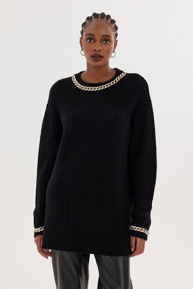 Kadriye Baştürk Knitwear Sweater With Chain Embroidery Black Wholesale Clothing Casual