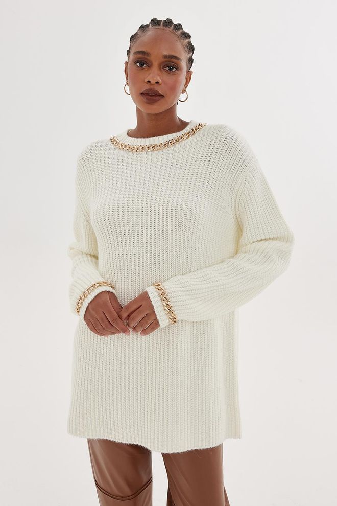 Kadriye Baştürk Knitwear Sweater With Chain Embroidery Ecru Wholesale Clothing Casual