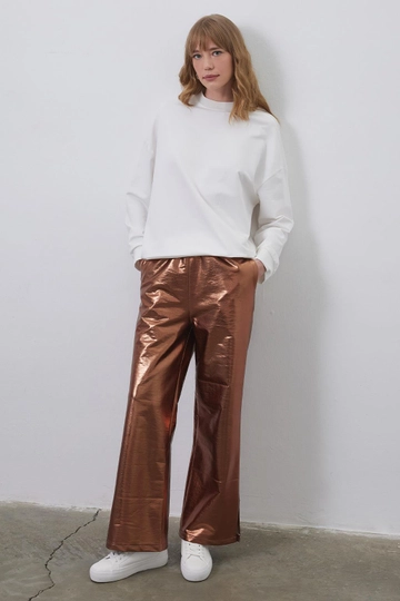 Bir model, Kadriye Baştürk toptan giyim markasının  Parlak Baskılı Bol Likralı Pantolon - Kahverengi
 toptan Pantolon ürününü sergiliyor.