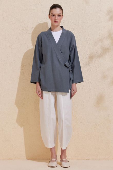 A wholesale clothing model wears  Summer Kimono - Gray
, Turkish wholesale  of Kadriye Baştürk