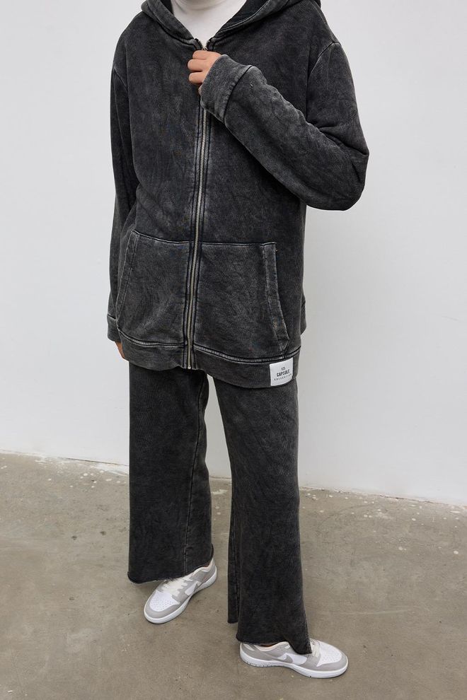Kadriye Baştürk Cardigan À Capuche Effet Délavé Anthracite Vêtements en gros Décontracté