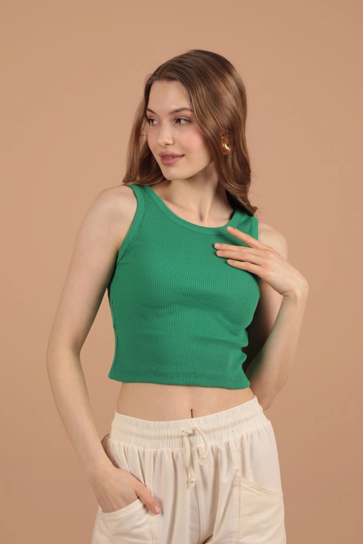 A wholesale clothing model wears kam13112-camisole-fabric-halter-neck-women's-blouse-green, Turkish wholesale Crop Top of Kaktus Moda