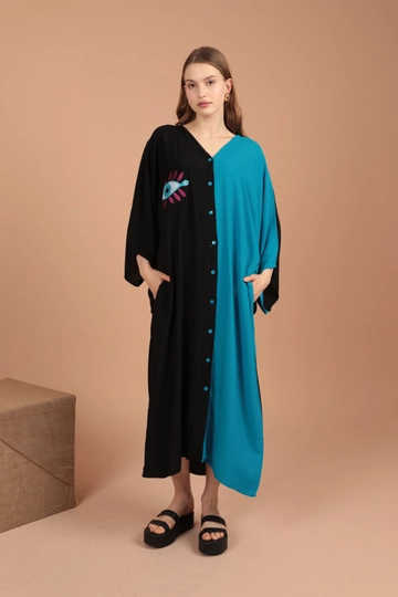 A wholesale clothing model wears  Viscose Fabric Eye Embroidered Women's Dress - Turquoise
, Turkish wholesale Dress of Kaktus Moda