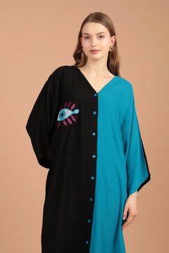 A wholesale clothing model wears kam13178-viscose-fabric-eye-embroidered-women's-dress-turquoise, Turkish wholesale Dress of Kaktus Moda