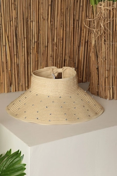 A wholesale clothing model wears kam13571-open-top-straw-hat-with-full-stone-bow-beige, Turkish wholesale Hat of Kaktus Moda