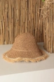 A wholesale clothing model wears kam13577-hand-knitted-fringed-women's-straw-hat-camel, Turkish wholesale  of 