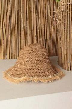A wholesale clothing model wears kam13577-hand-knitted-fringed-women's-straw-hat-camel, Turkish wholesale Hat of Kaktus Moda