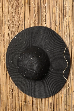 A wholesale clothing model wears kam13578-full-stone-wide-women's-straw-hat-black, Turkish wholesale Hat of Kaktus Moda