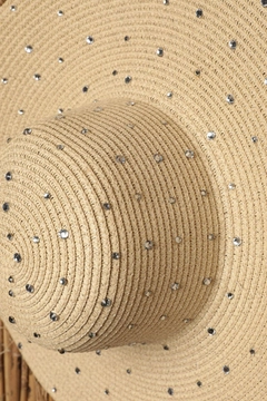 A wholesale clothing model wears kam13574-full-stone-wide-women's-straw-hat-beige, Turkish wholesale Hat of Kaktus Moda
