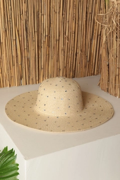A wholesale clothing model wears kam13574-full-stone-wide-women's-straw-hat-beige, Turkish wholesale Hat of Kaktus Moda