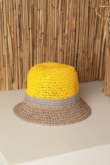 A wholesale clothing model wears  Hand Knitted Women's Hat - Yellow
, Turkish wholesale Hat of Kaktus Moda