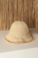 A wholesale clothing model wears kam13587-hand-knitted-fringed-women's-straw-hat-beige, Turkish wholesale  of 
