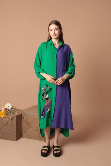 A wholesale clothing model wears  Viscose Fabric Applique Embroidery Women's Shirt Dress - Purple
, Turkish wholesale Dress of Kaktus Moda