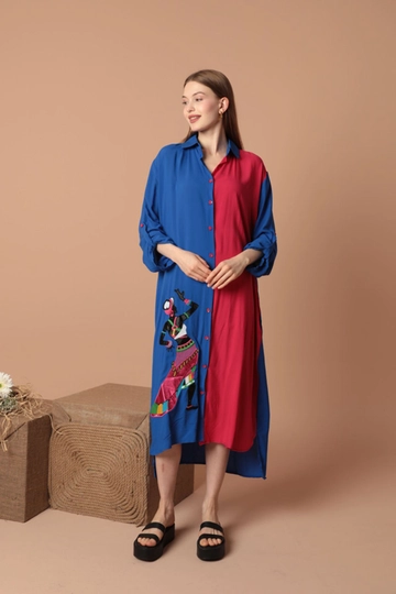 A wholesale clothing model wears  Viscose Fabric Applique Embroidery Women's Shirt Dress - Saks
, Turkish wholesale Dress of Kaktus Moda
