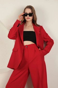 A wholesale clothing model wears kam13245-atlas-fabric-women's-palazzo-trousers-red, Turkish wholesale Pants of Kaktus Moda